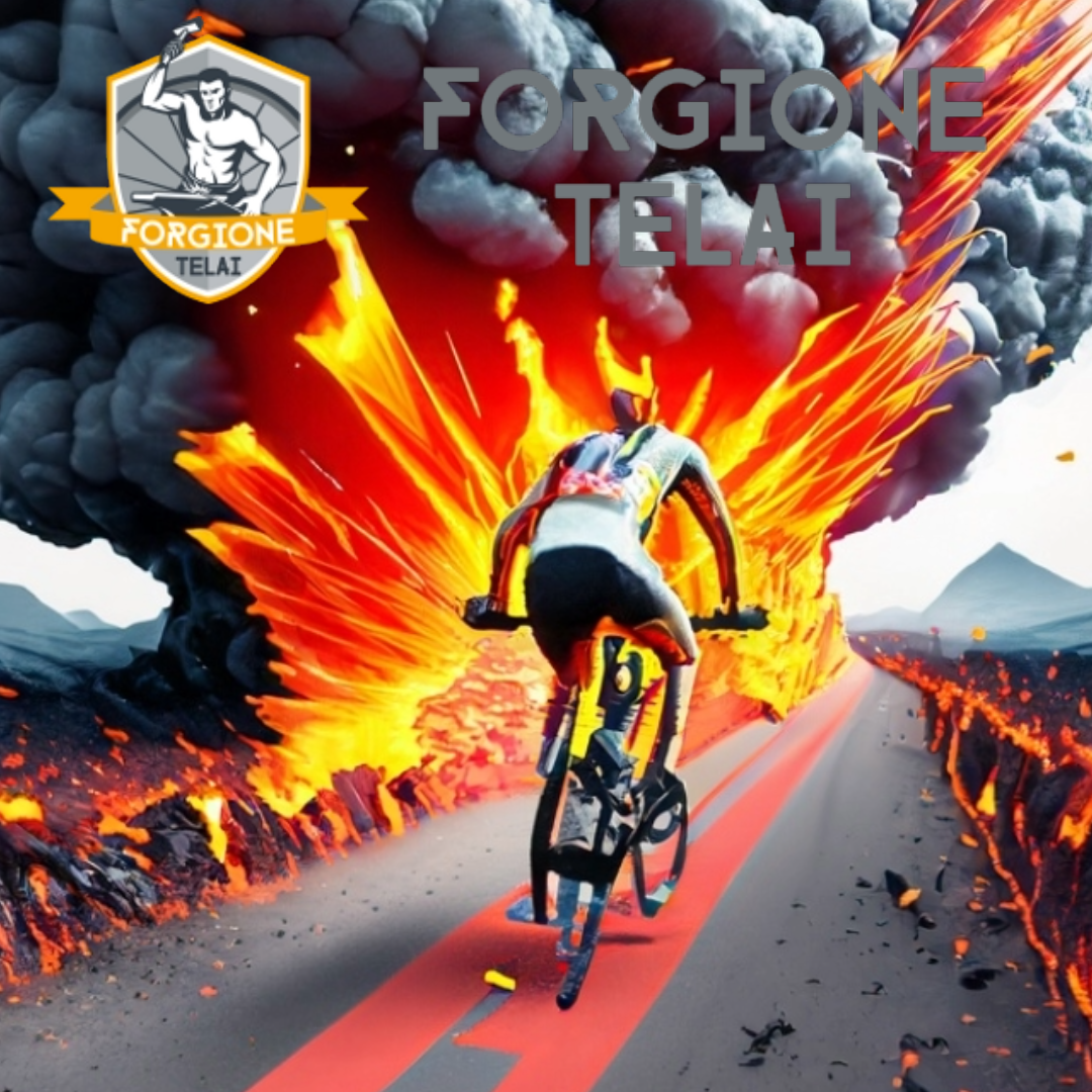 Ciclista in mezzo ad esplosioni vulcaniche con bici marchio Forgione