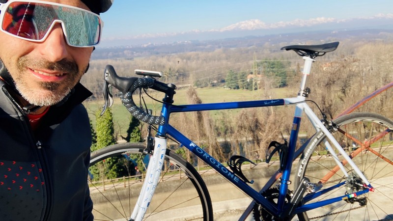 Franco with his bicycle mounted on a Forgione steel frame handmade by Vincenzo Forgione