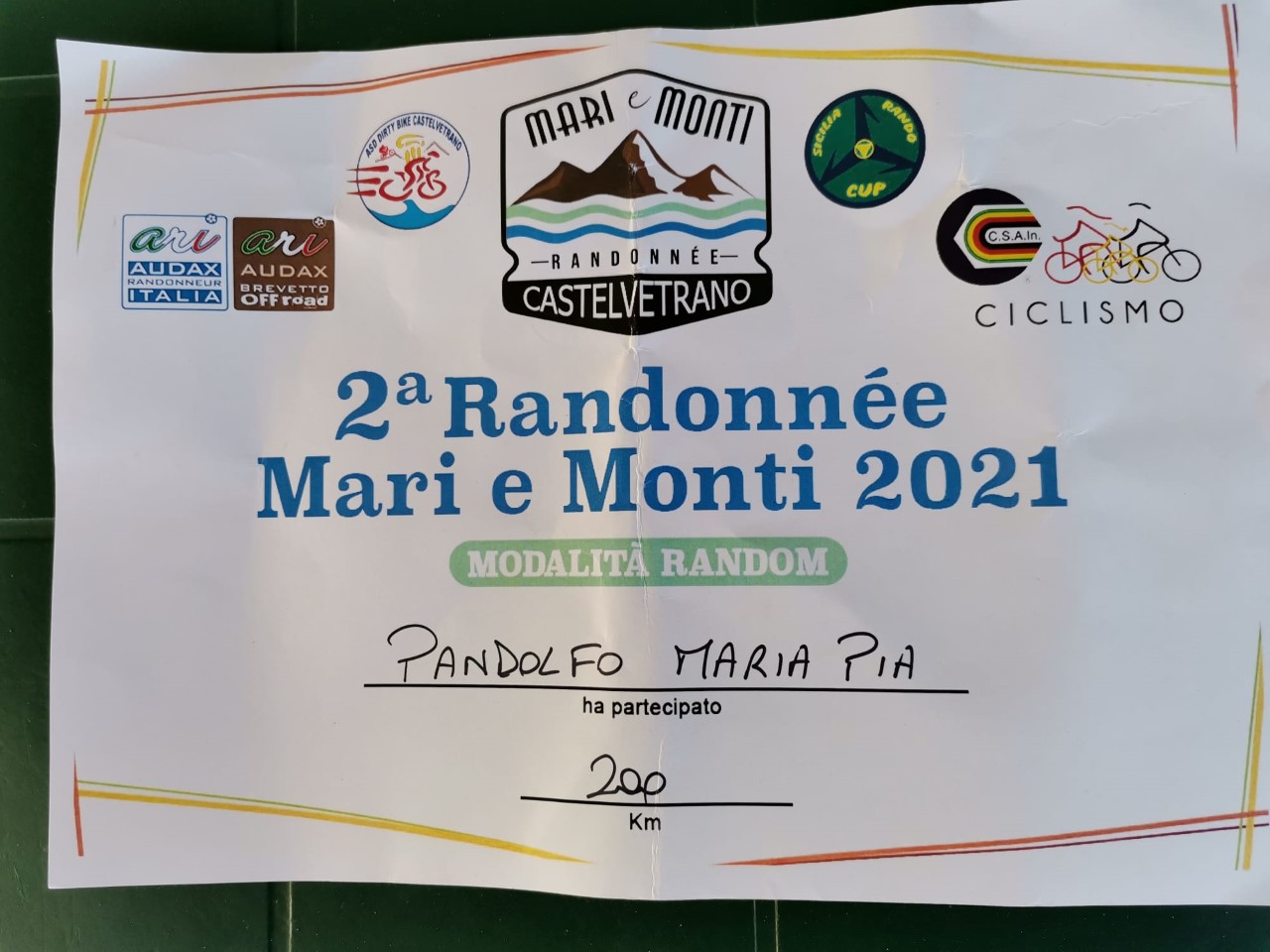Certificato di partecipazione Randonnée Mari E Monti Maria Pia Pandolfo