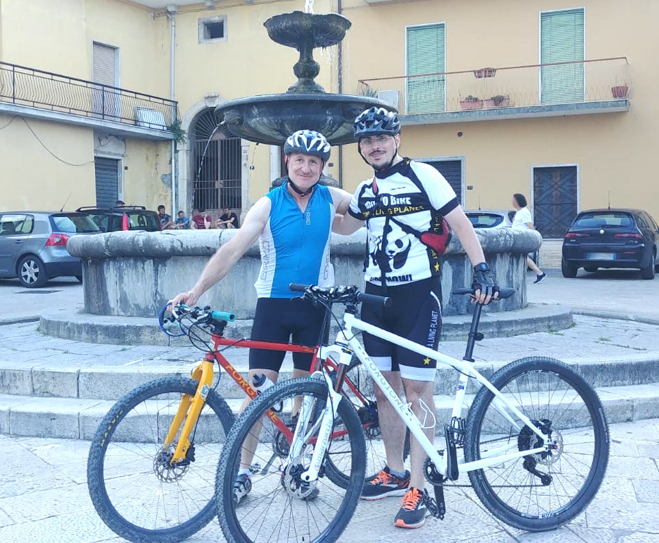 Vincenzo Forgione and Antonio with his new bicycle made with the a custom Forgione Frame -in front of the historical fountain in Gesualdo